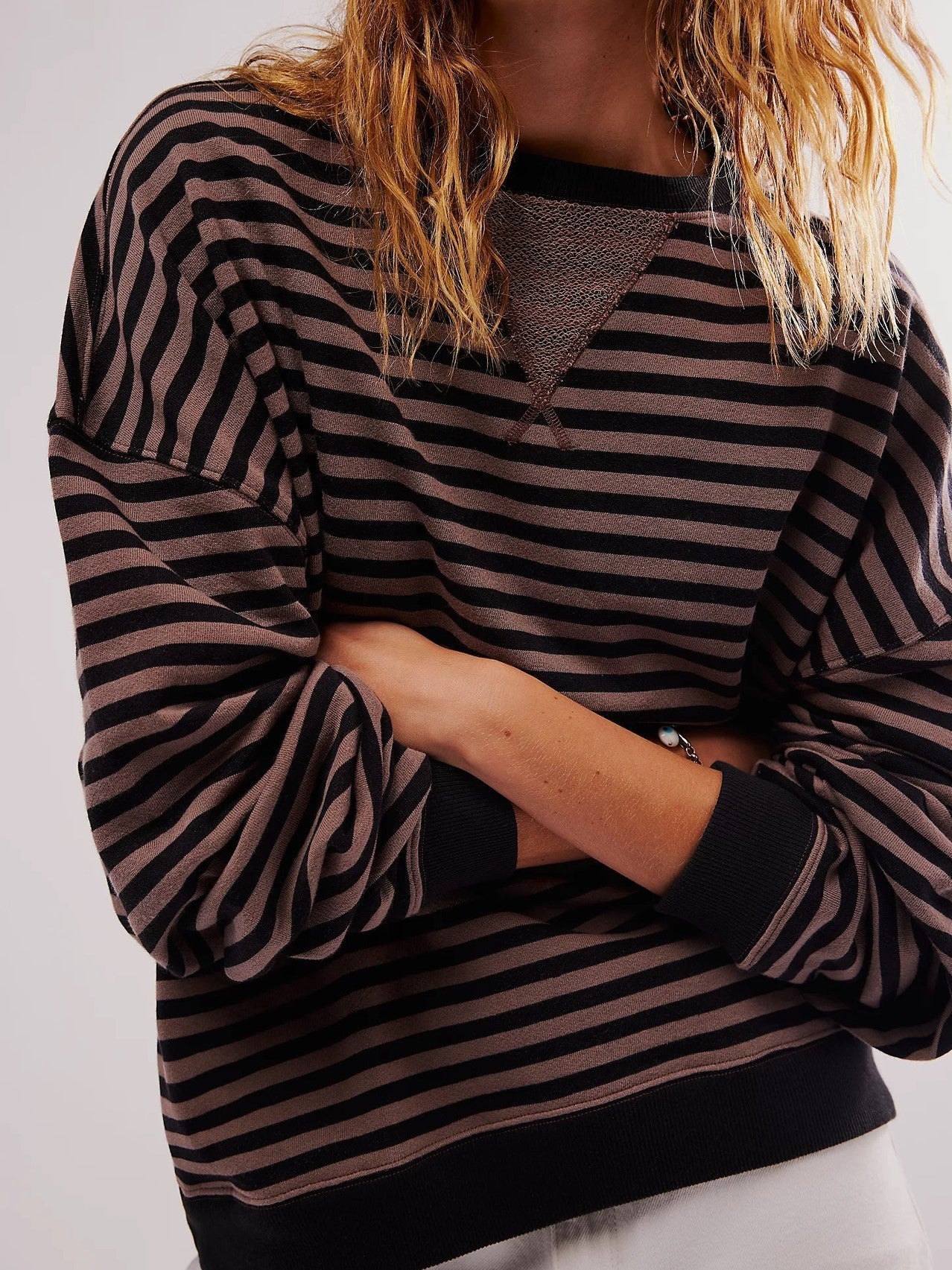 Women's Oversized Striped Crew Neck Cotton-Blend Sweatshirt
