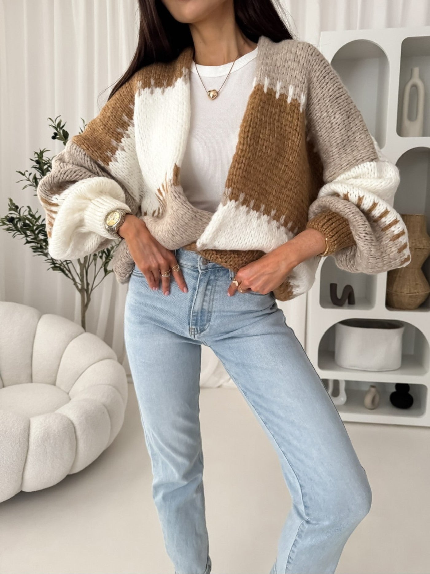 Boutique Neutral Color Block Open Front Cardigan