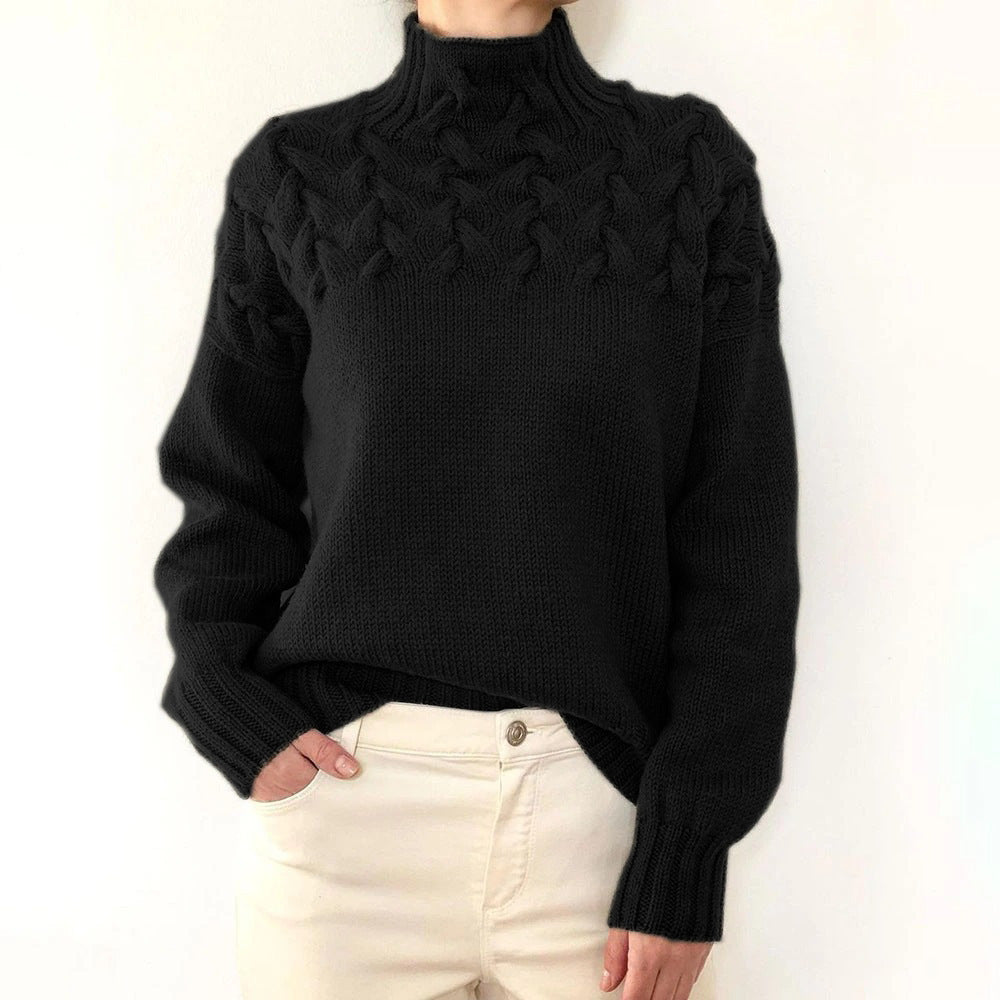 Boutique Leaf Textured Mock Neck Knit Sweater