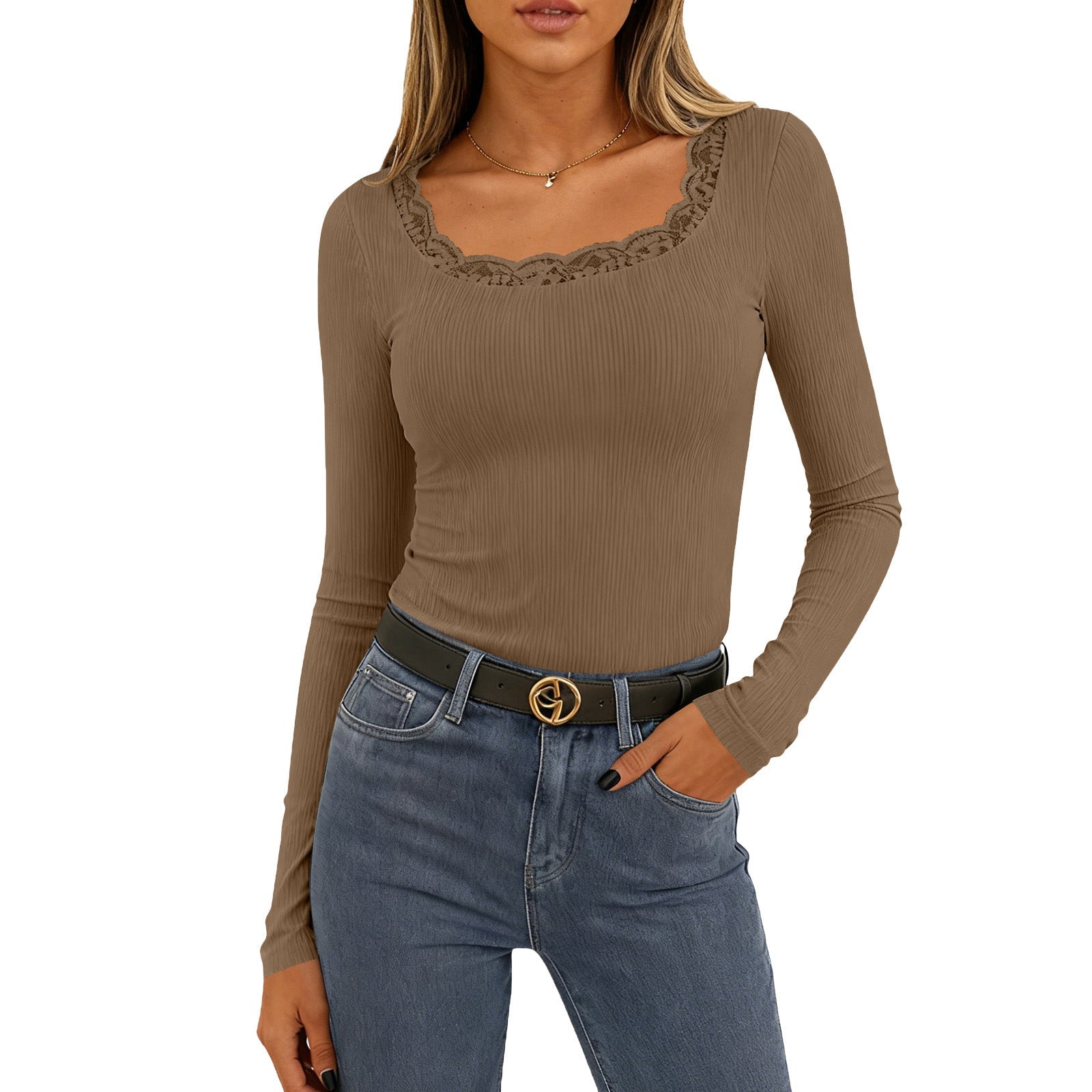Elegant Lace Trim Square Neck Ribbed Top