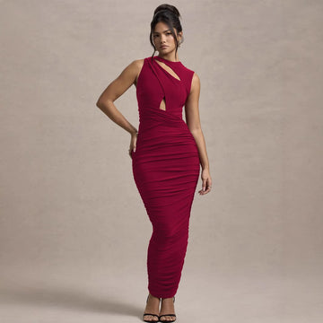 Women's clothing, elegant pleated, form-fitting, sleeveless, round neckline, hip-hugging dress.