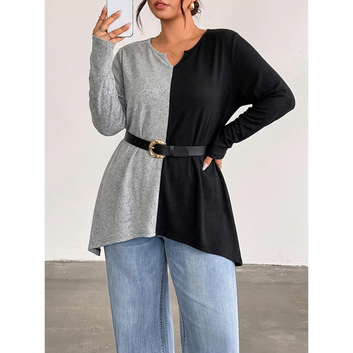 Elevated Plus Size Color Block Notch Neck Tunic
