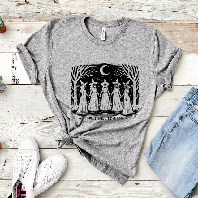 Women’s Cotton Graphic T-Shirt – Casual Short Sleeve Witch Print Tee