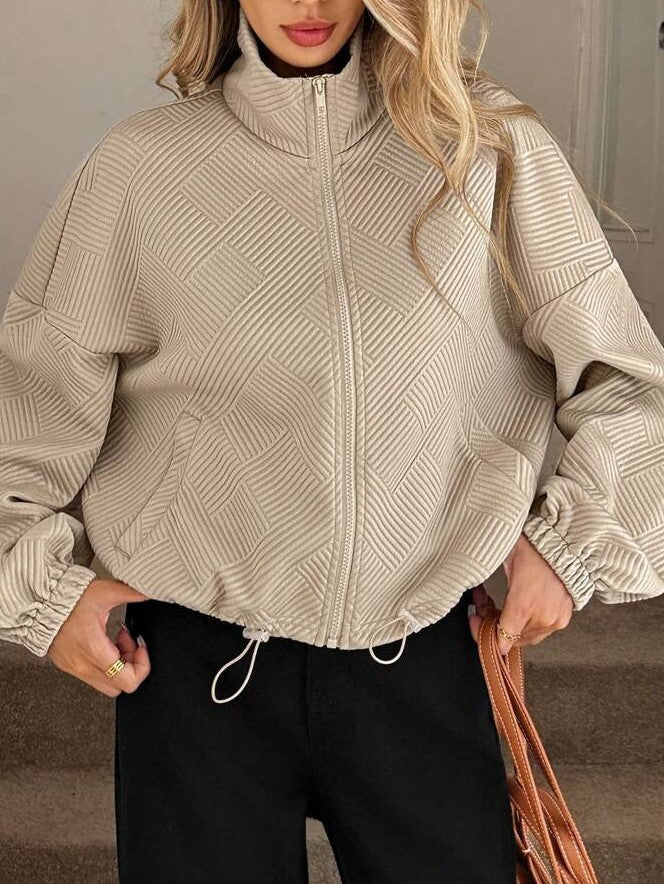 Minimalist Textured Zip Front Drawstring Hem Everyday Jacket