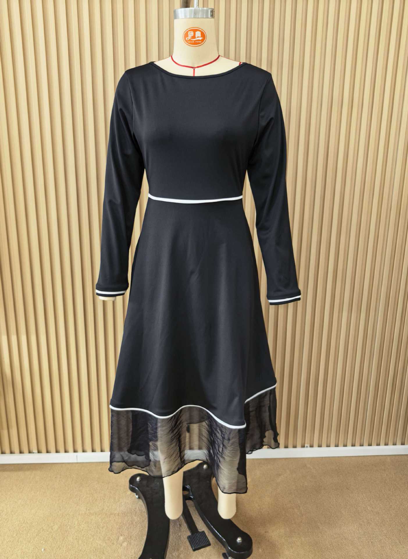 Contrast Trim Sheer Hem Long Sleeve Fit and Flare Midi Dress