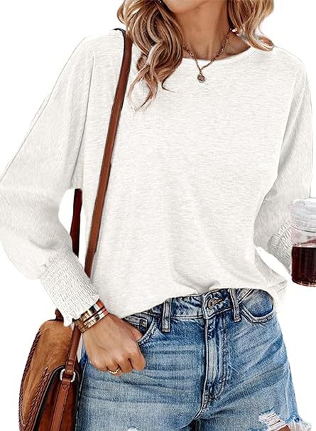Women's Boutique Long Sleeve Crew Neck Smocked Cuff Top