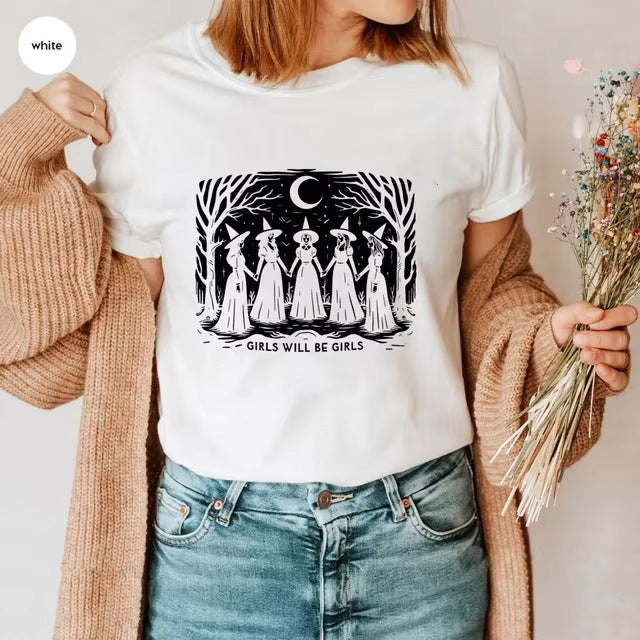Women’s Cotton Graphic T-Shirt – Casual Short Sleeve Witch Print Tee