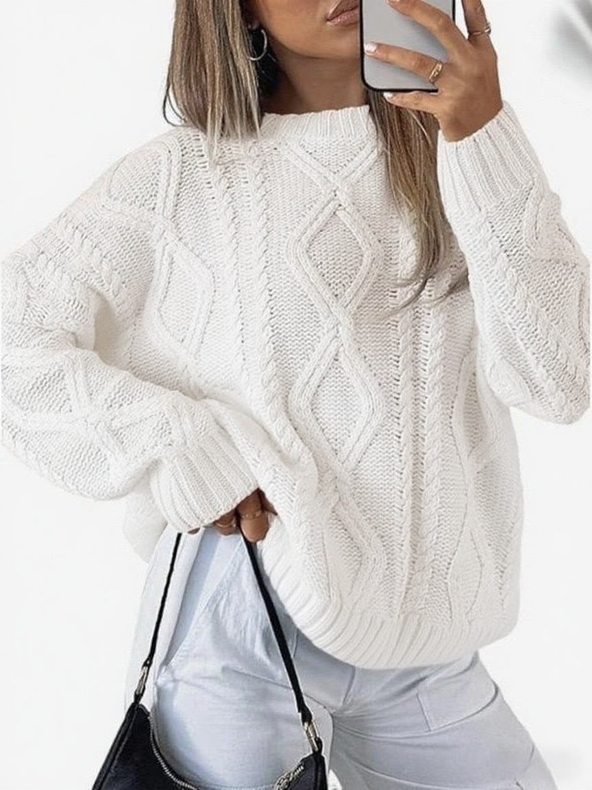 Minimalist Cable Knit Sweater Crewneck Long Sleeve Loose Fit