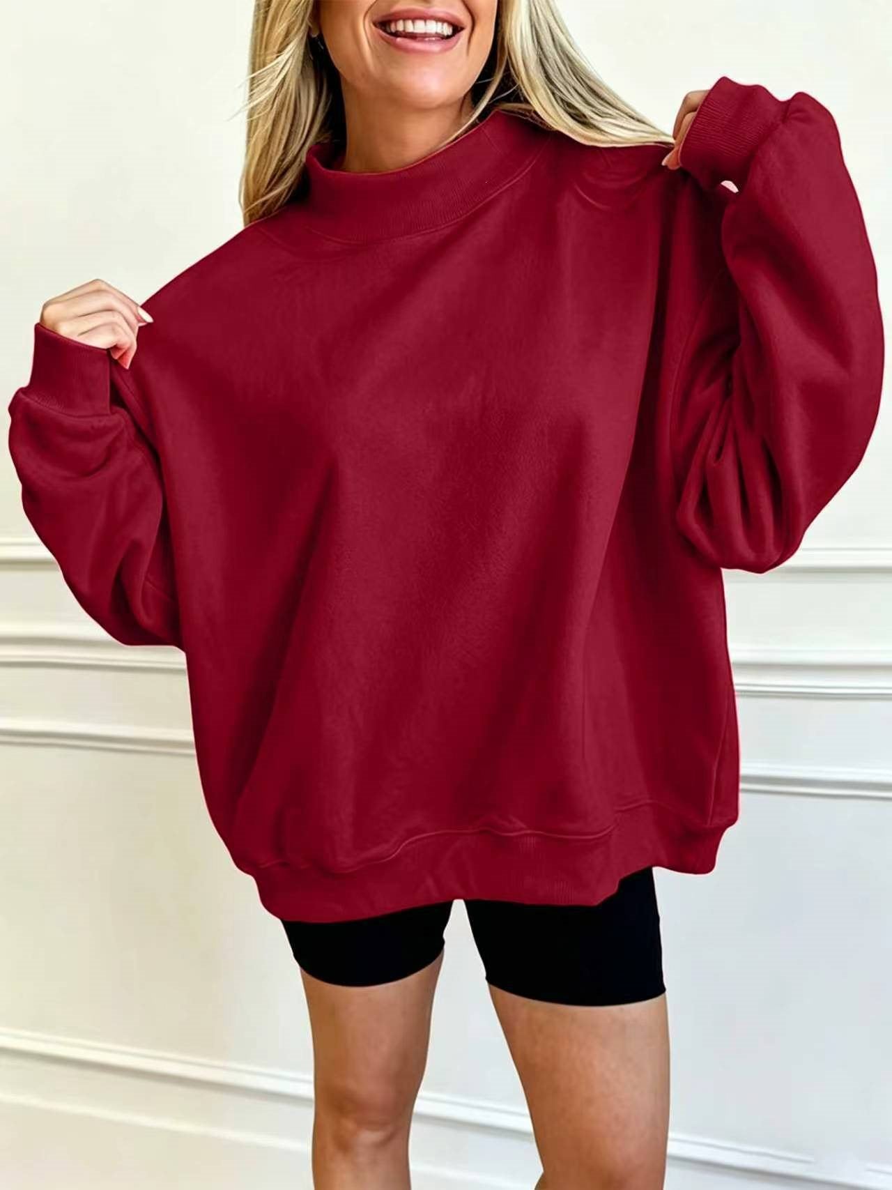 Women’s Oversized Mock Neck Sweatshirt – Poly-Cotton Long Sleeve Pullover Tops