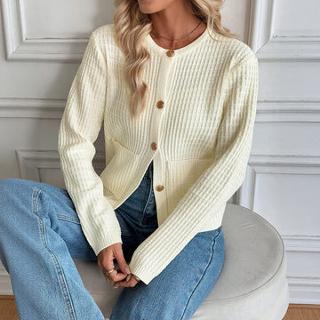 Solid Color Cardigan Sweater with Metal Buttons