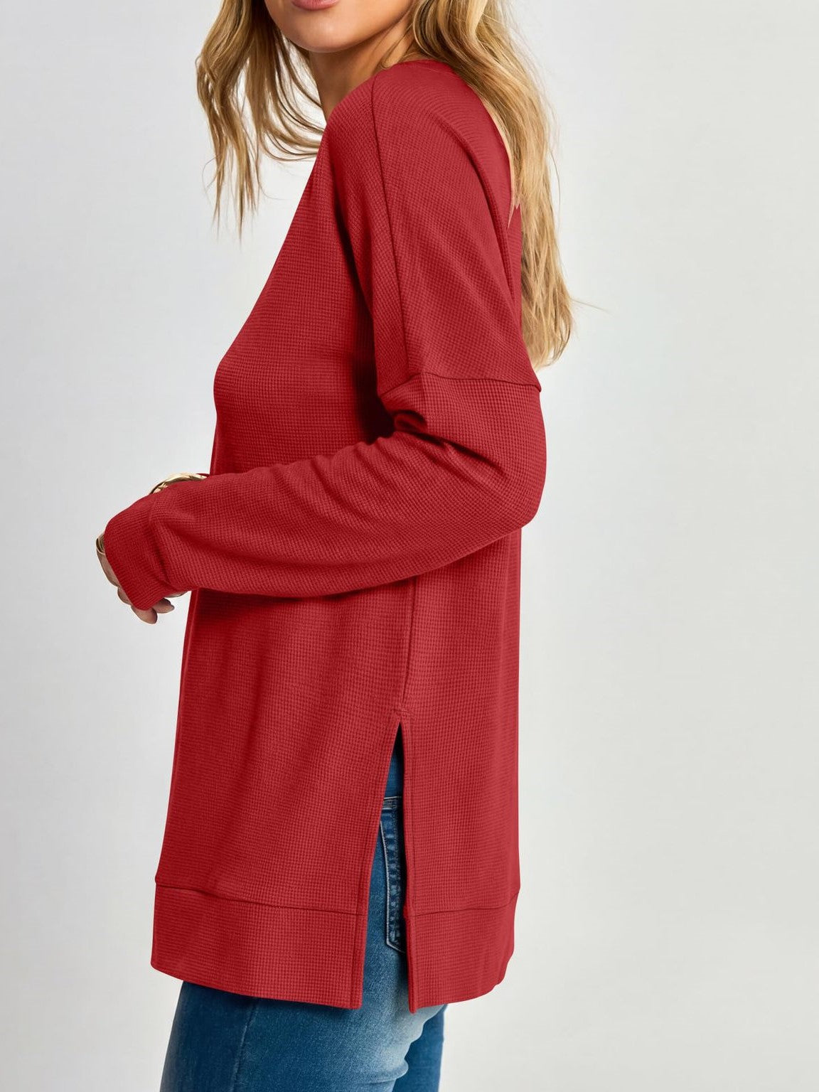Women's V Neck Waffle Knit Long Sleeve Side Slit Tunic Top