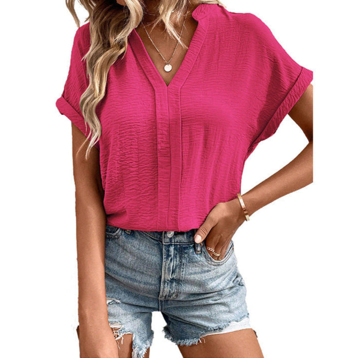 Solid Color V-Neck Pleated Short-Sleeve T-Shirt