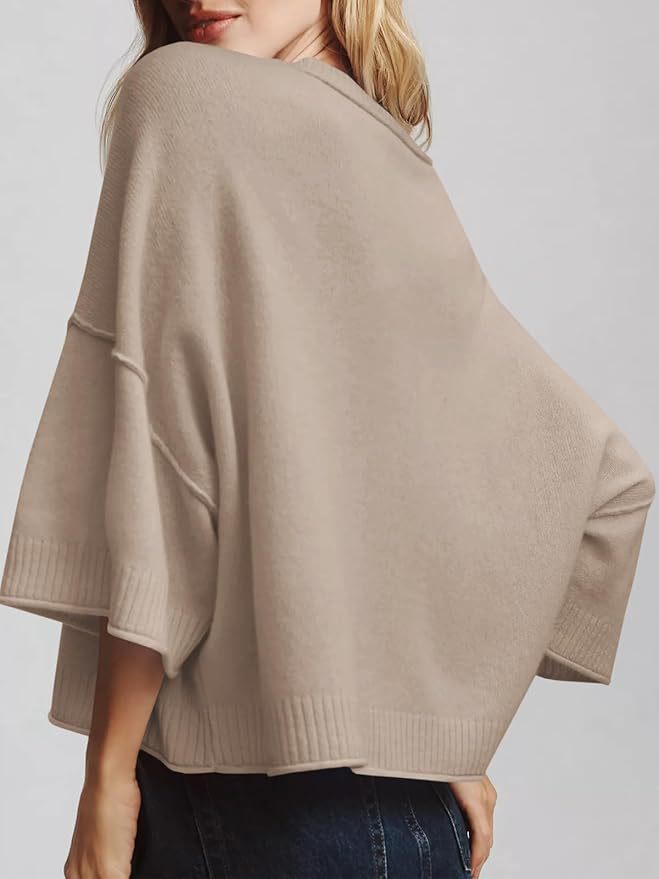 Women's Cropped Knit Sweater, Relaxed Crewneck Pullover with Wide Sleeves in Khaki, Black, Gray and White