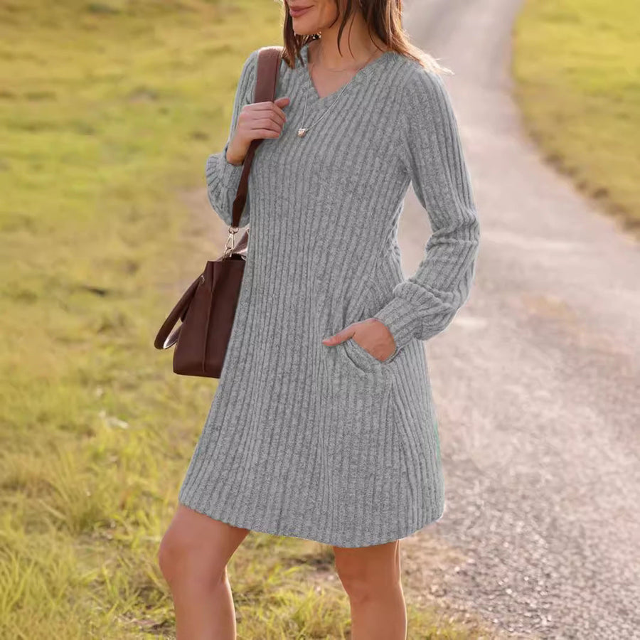 Solid Color V-Neck Long Sleeve Mid-Length Dress