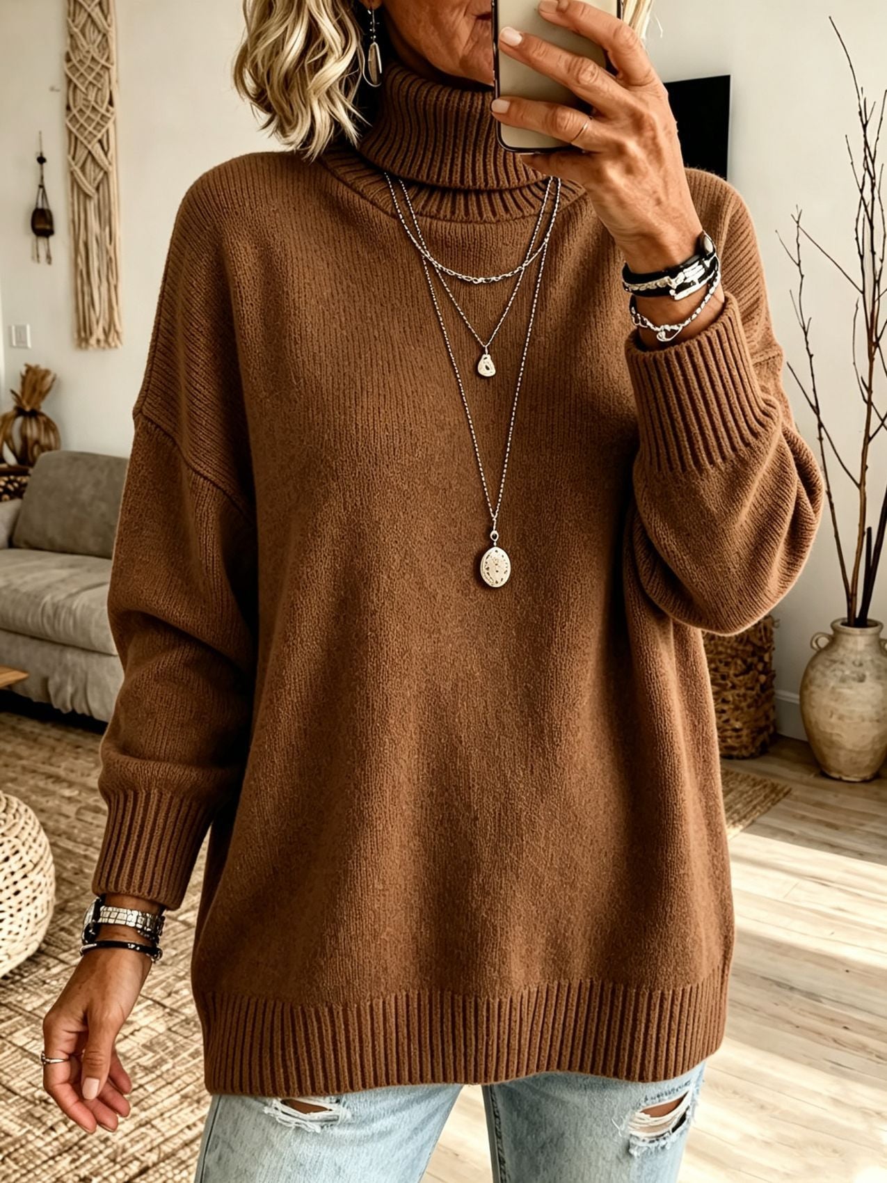 Women's Turtleneck Knit Sweater, Relaxed Fit Long Sleeve Pullover