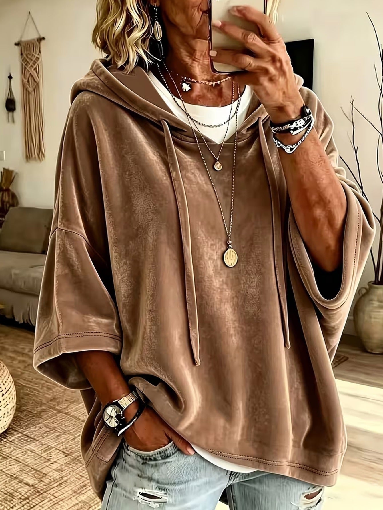 Women’s Velvet Oversized Batwing Sleeve Hoodie