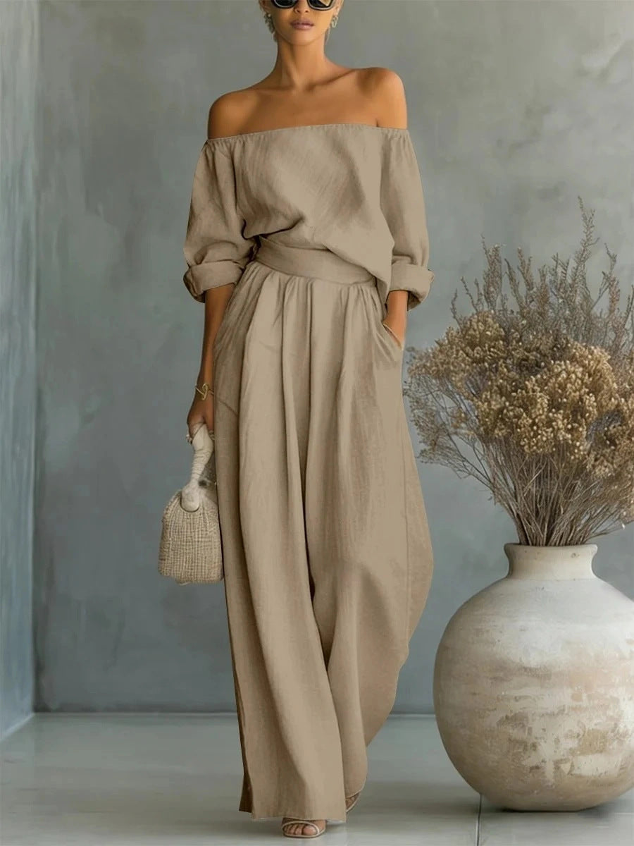 Off Shoulder Top and Wide Leg Pants Two Piece Set for Ladies