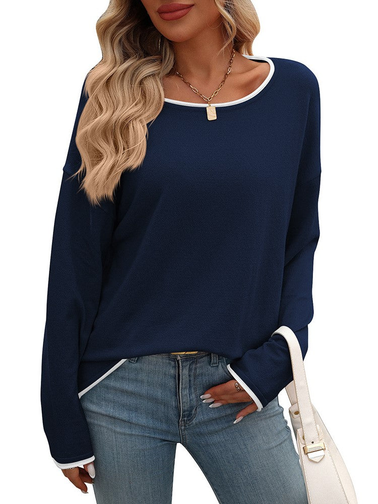 Boutique Contrast Trim Boat Neck Relaxed Knit Sweater