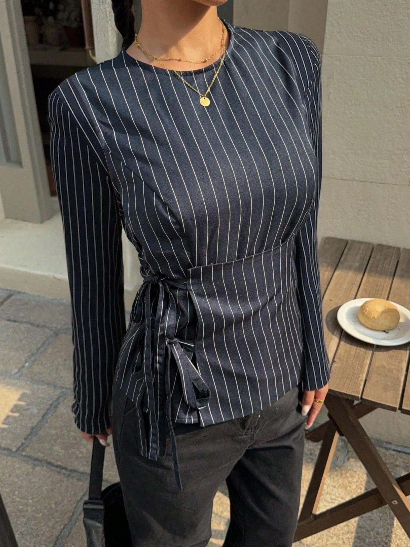 Elevated Pinstripe Tie Waist Long Sleeve Blouse
