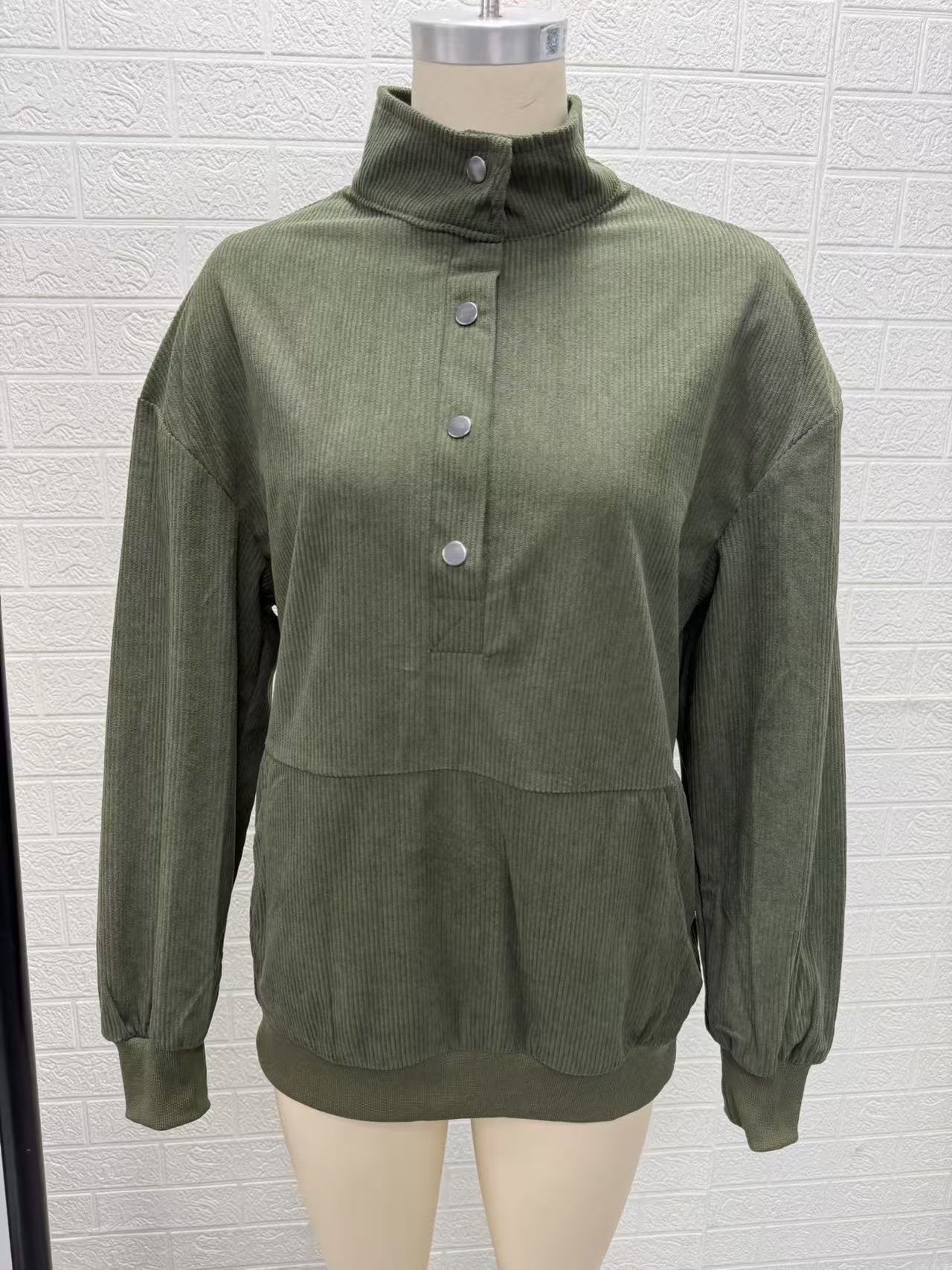 Womens Minimal Olive Ribbed Button Neck Pullover Sweatshirt