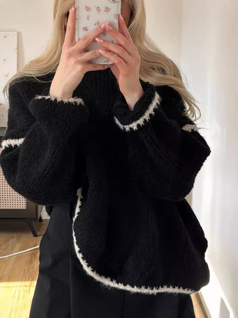 Boutique Contrast Stitch Crew Neck Oversized Knit Sweater