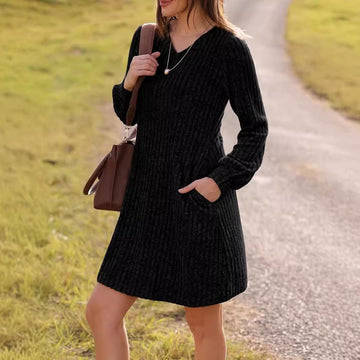 Solid Color V-Neck Long Sleeve Mid-Length Dress