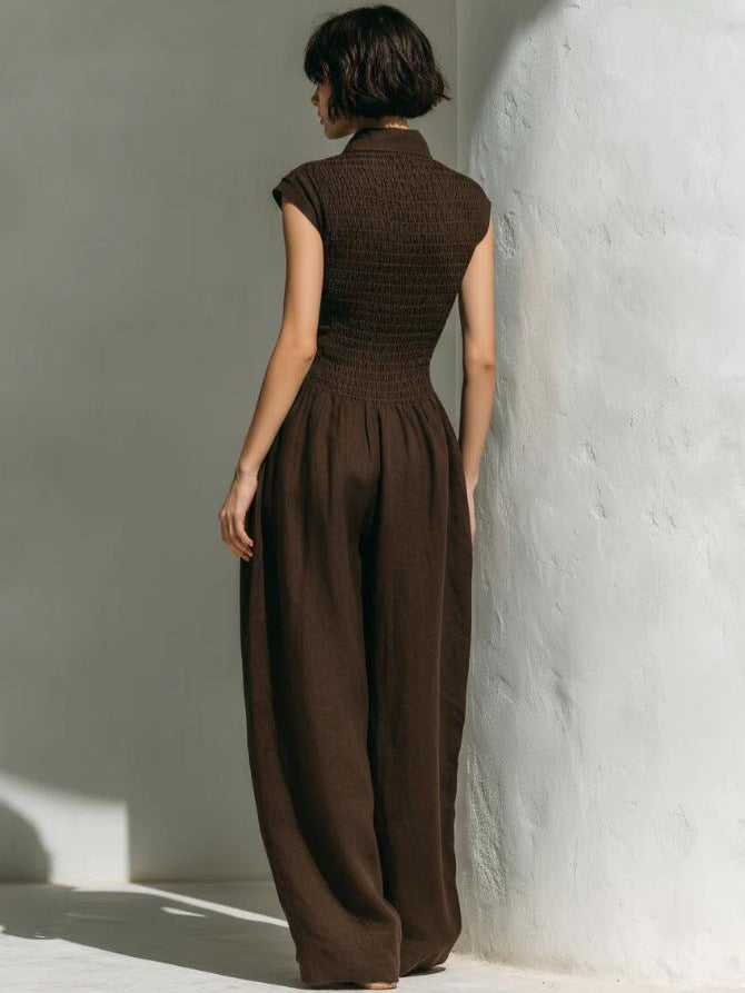 Collared Wide Leg Jumpsuit with Folded Waist and Cap Sleeves