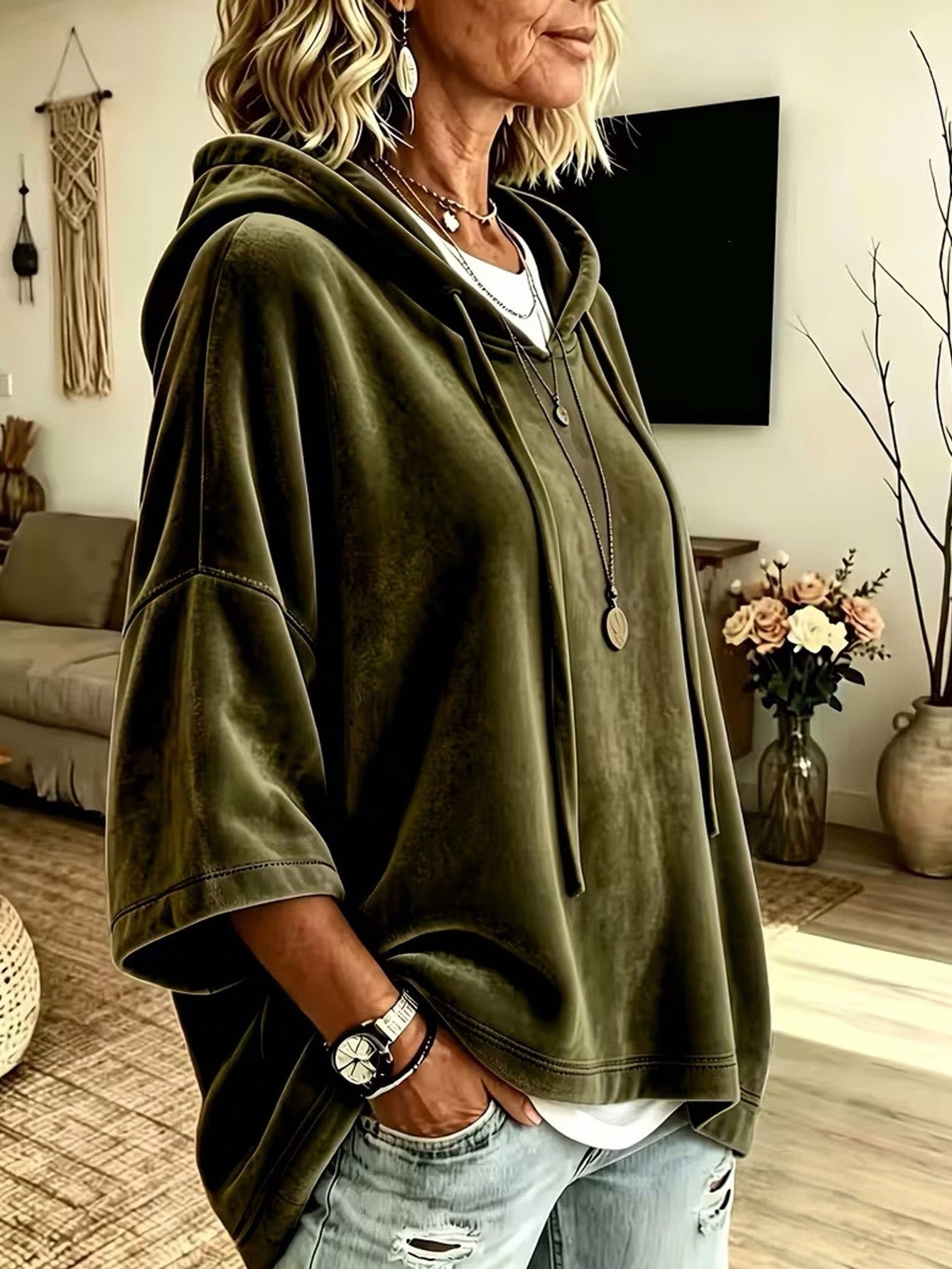 Women’s Velvet Oversized Batwing Sleeve Hoodie