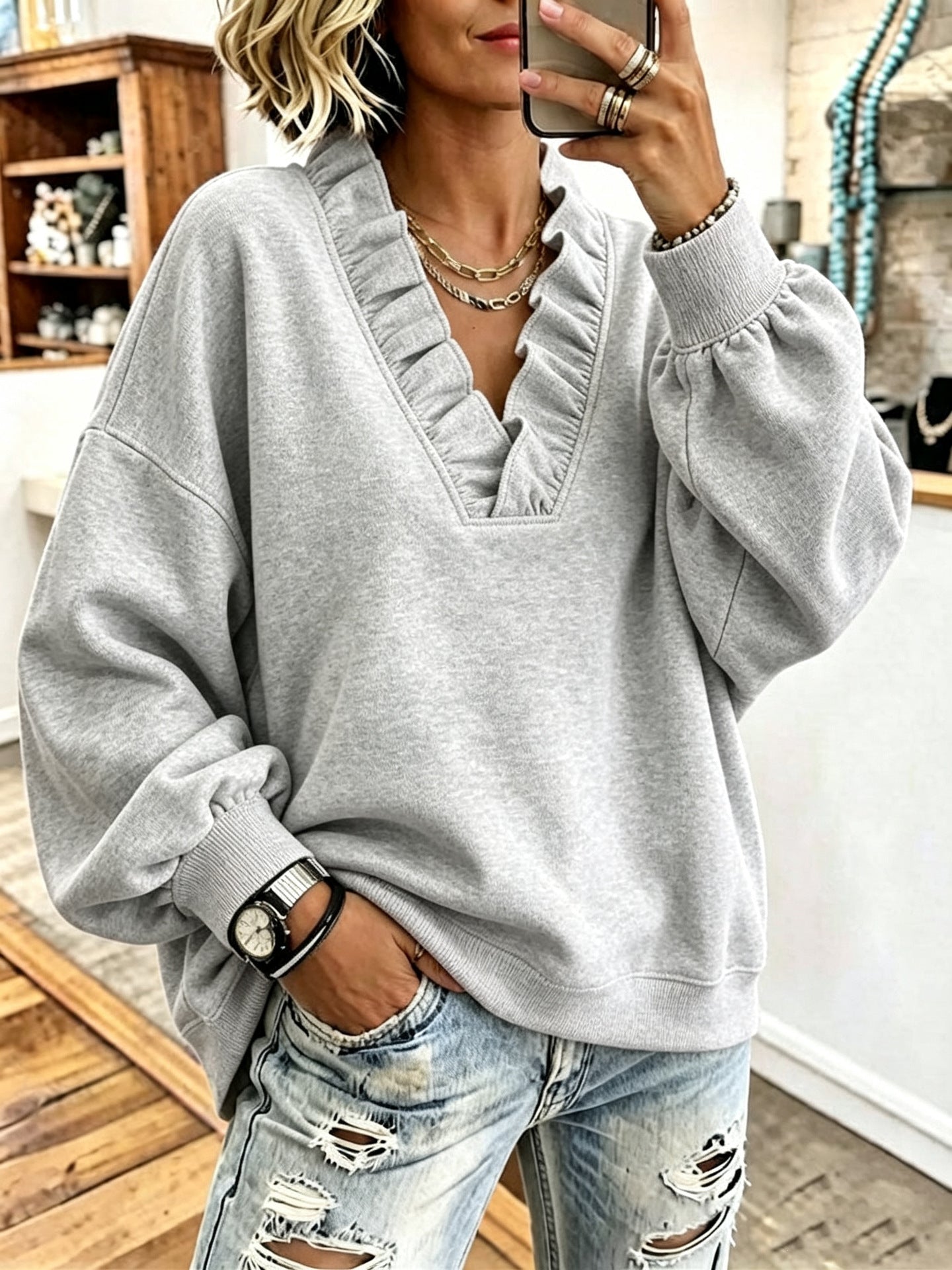 Boutique Ruffle V Neck Relaxed Sweatshirt