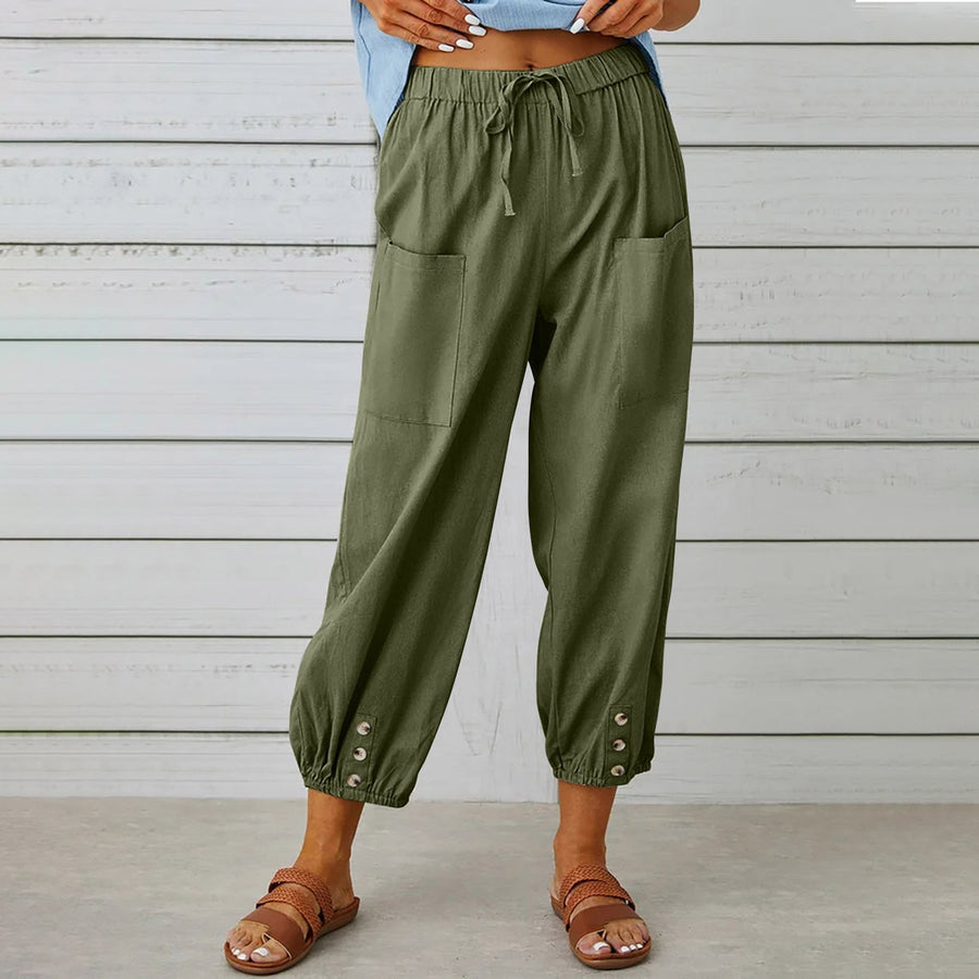 Loose High-Waist Buttoned Cotton Linen Wide-Leg Pants
