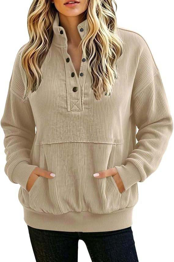 Womens Minimal Olive Ribbed Button Neck Pullover Sweatshirt