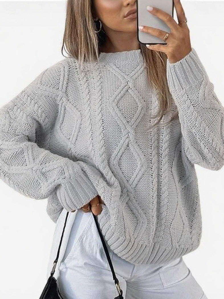 Minimalist Cable Knit Sweater Crewneck Long Sleeve Loose Fit