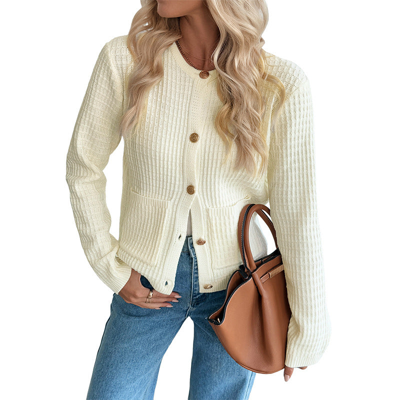 Solid Color Cardigan Sweater with Metal Buttons