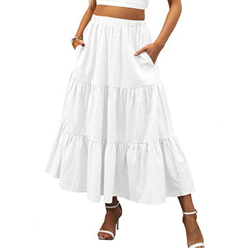 Bohemian Pleated A-Line Layered Long Skirt with Pocket