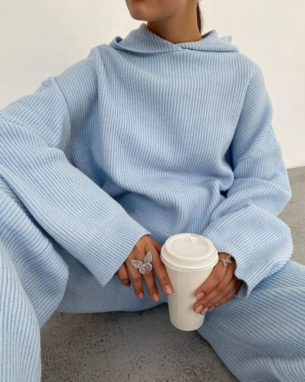 Minimalist Blue Knit Hoodie and Wide Leg Pants Two Piece Set