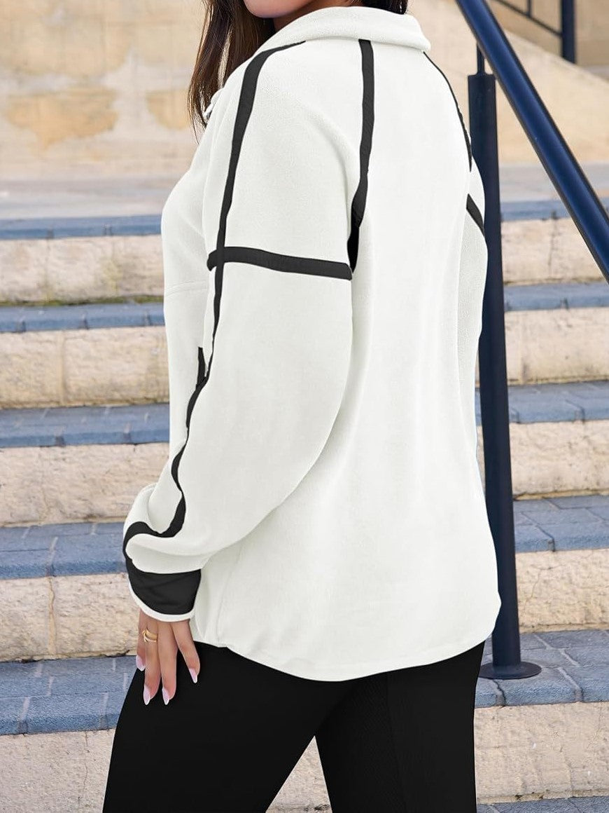 Contrast Trim Half Zip Fleece Pullover with Casual Ivory Fit