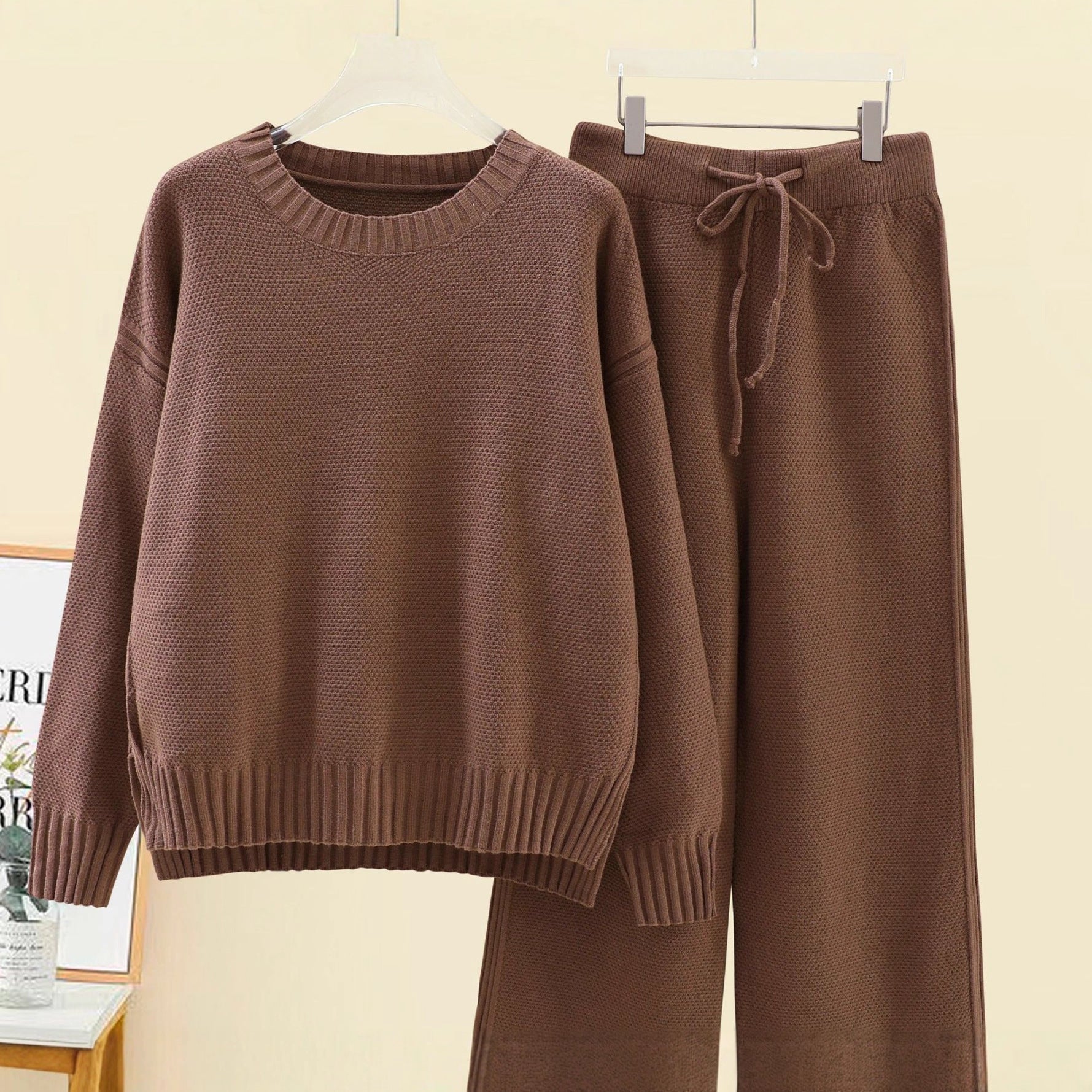 Women's Brown Knit Sweater and Drawstring Wide Leg Pants Set