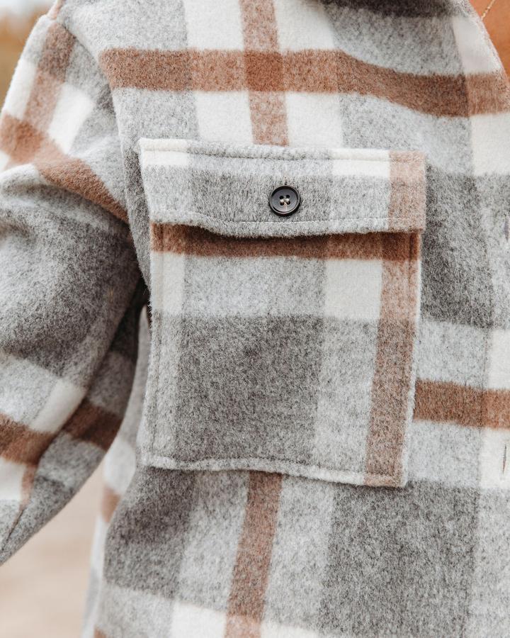 Boutique Neutral Plaid Button Front Shacket