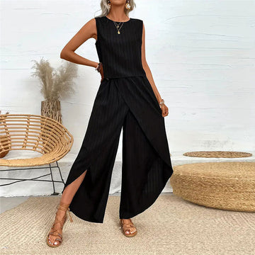 Women’s Solid Color Wide-Leg Pants Two-Piece Set