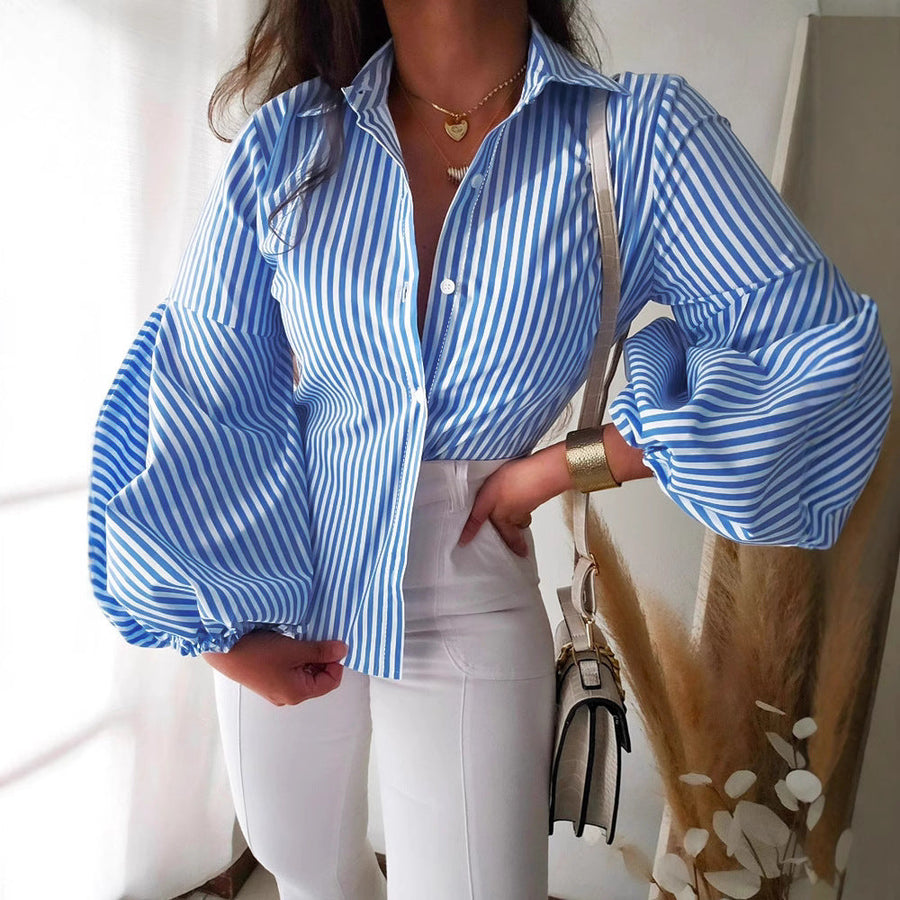 Light Blue Striped Lantern Sleeve Slim Shirt