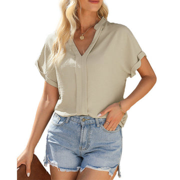 Solid Color V-Neck Pleated Short-Sleeve T-Shirt
