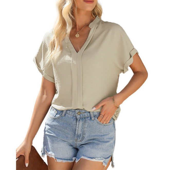 Solid Color V-Neck Pleated Short-Sleeve T-Shirt