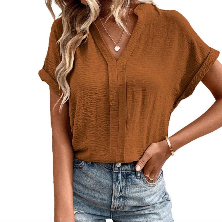Solid Color V-Neck Pleated Short-Sleeve T-Shirt