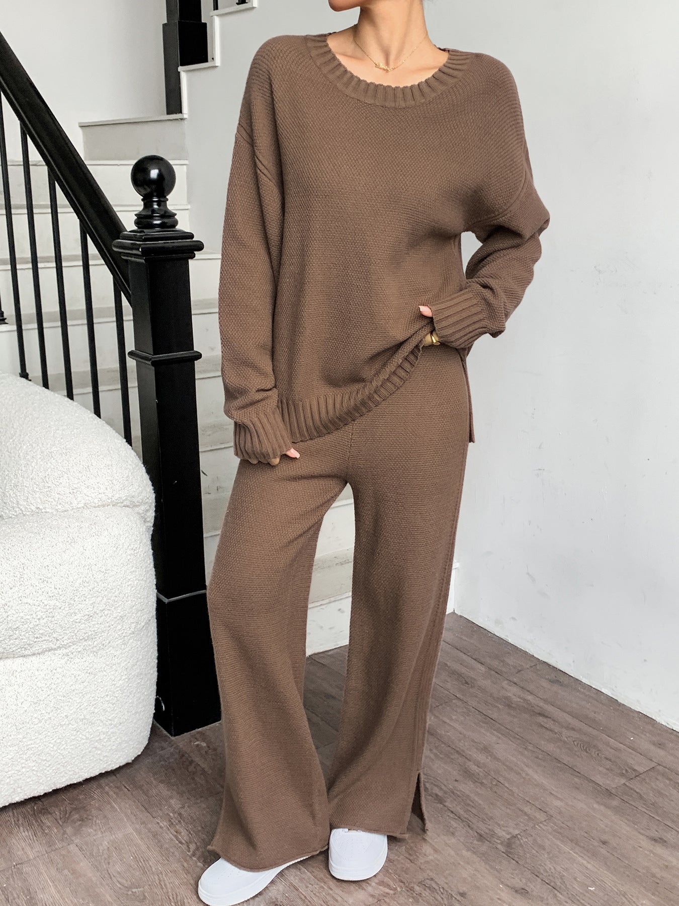 Women's Brown Knit Sweater and Drawstring Wide Leg Pants Set