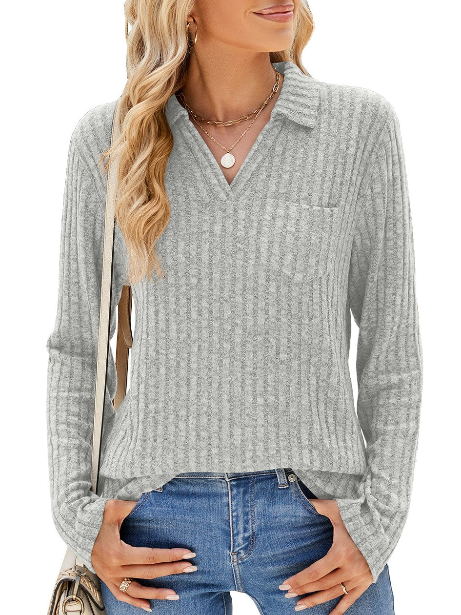 Women's Ribbed Collared V-Neck Long Sleeve Sweater