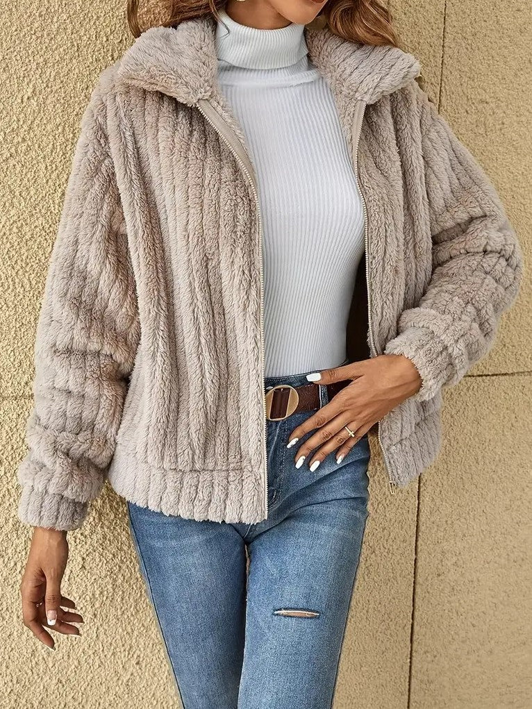 Boutique Plush Collar Zip Front Jacket
