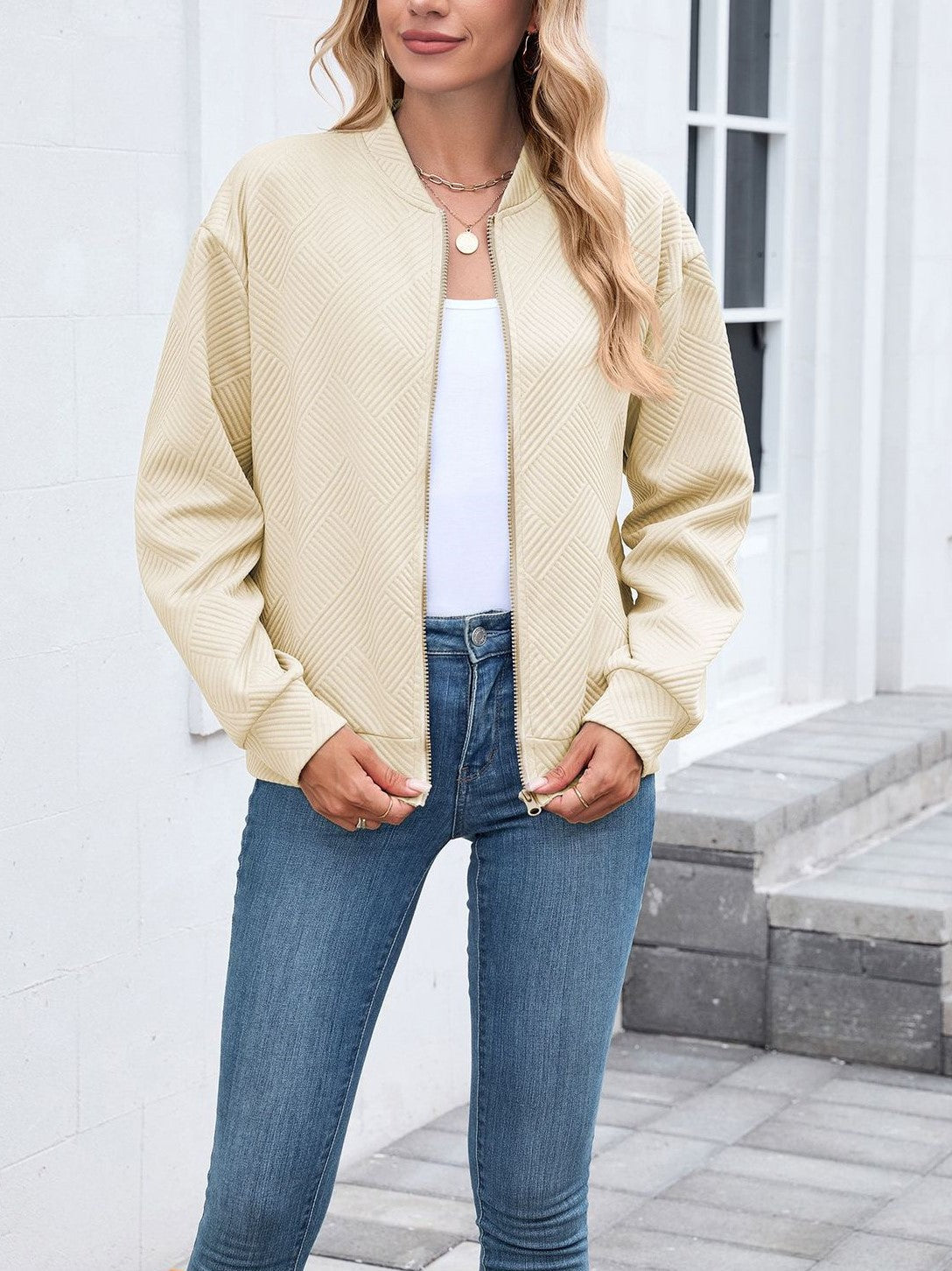 Women's Textured Zip Front Bomber Jacket