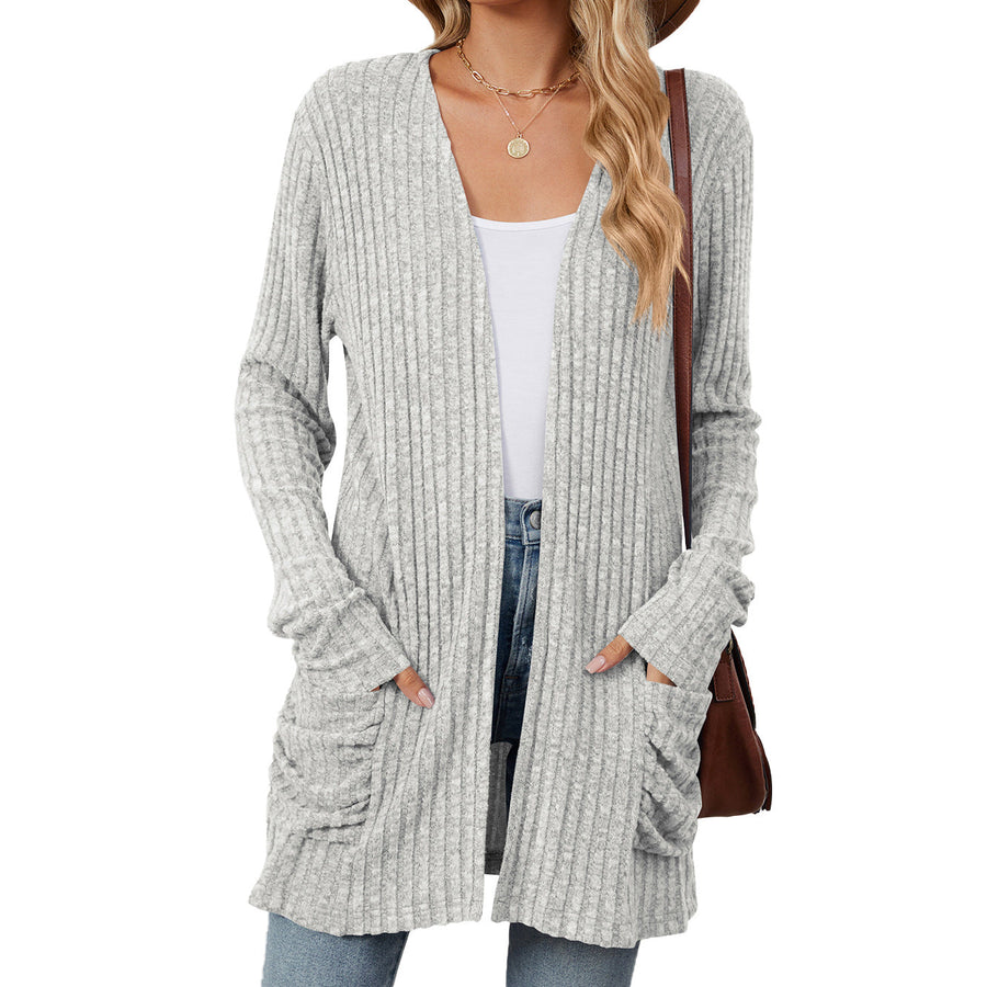 Solid Color Pocket Long-Sleeve Knitted Cardigan