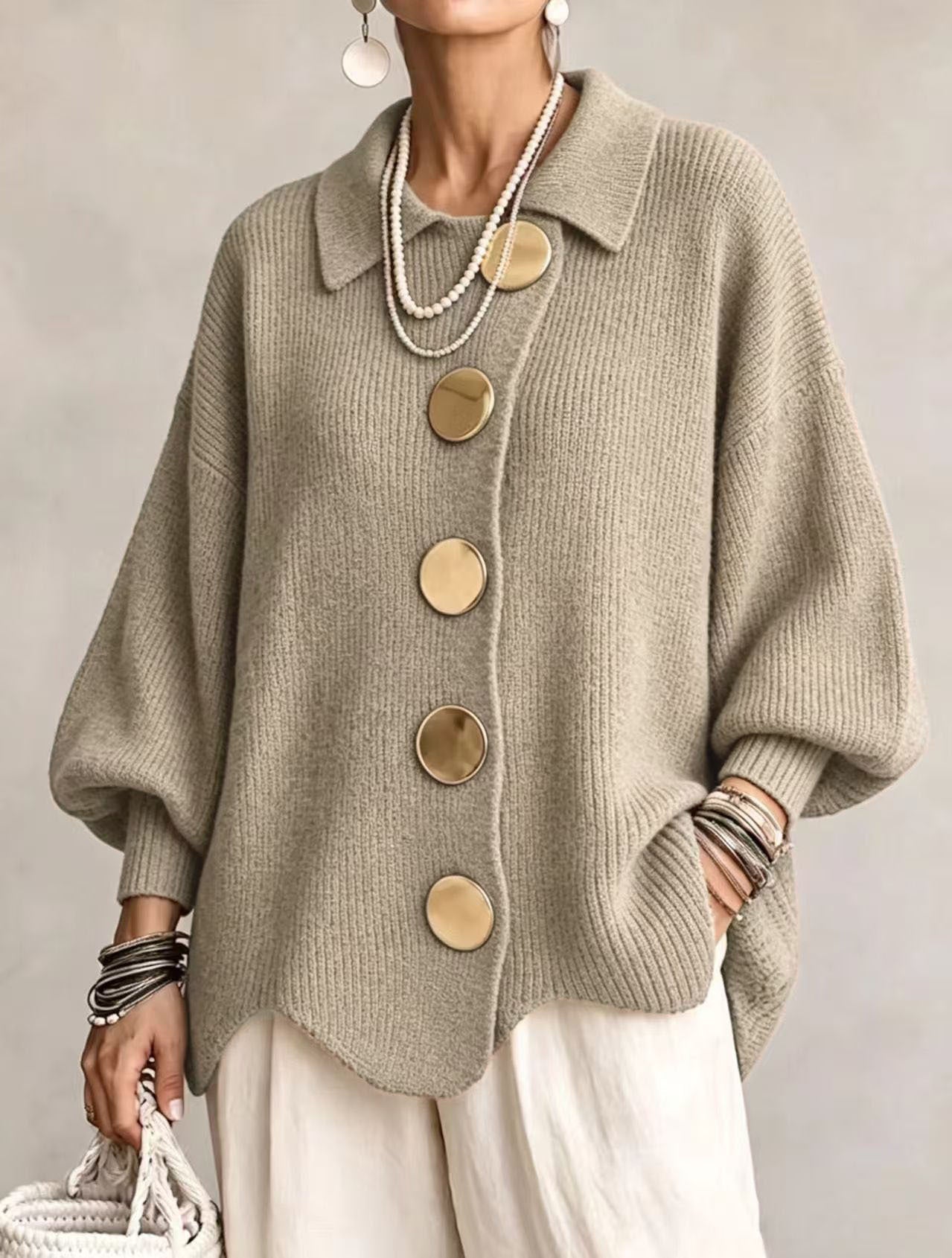 Elevated Gold Button Collared Knit Cardigan