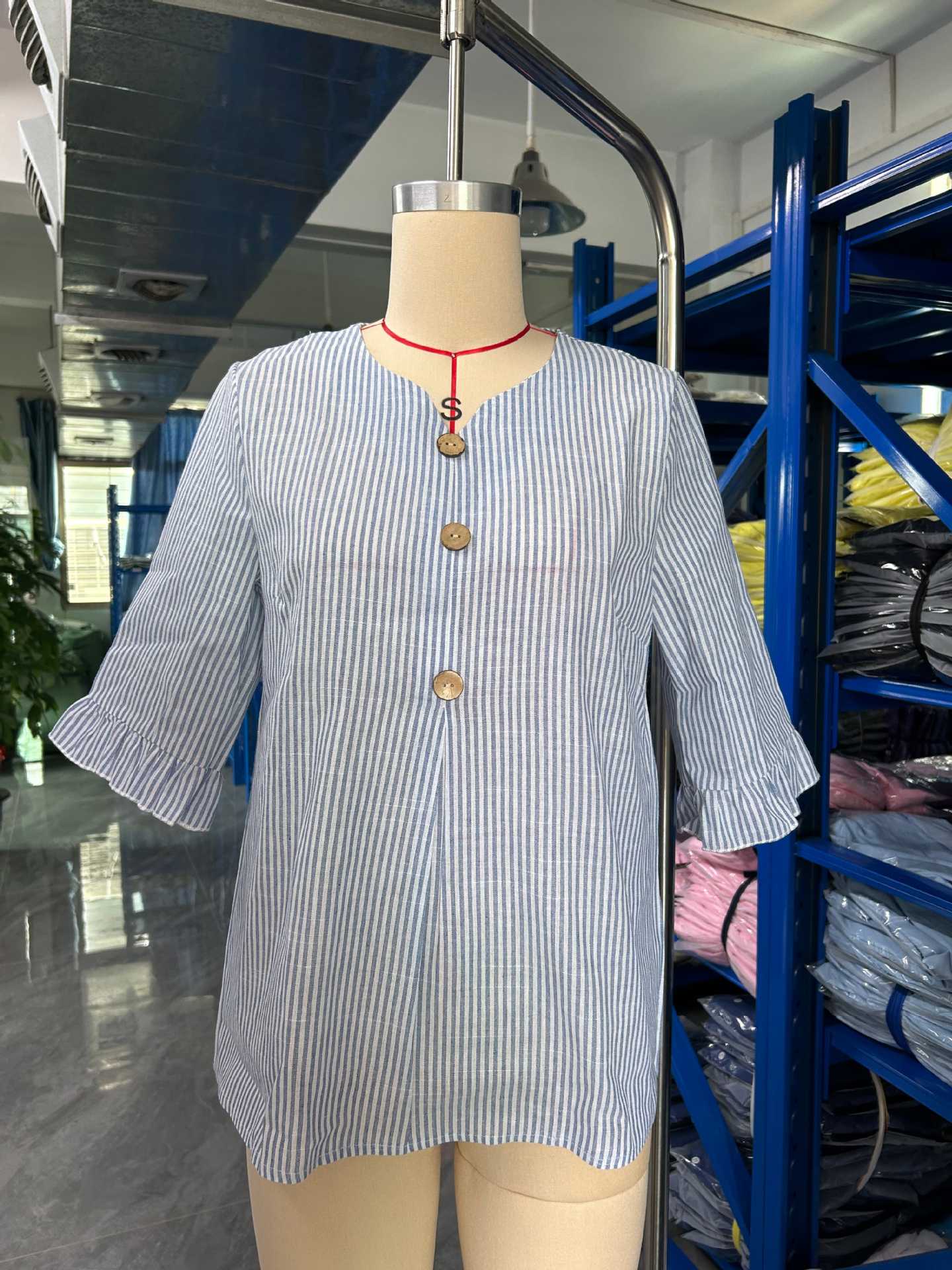 Striped Notch Neck Button Front Bell Sleeve Blouse for Women